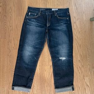 AG The Ex-Boyfriend Slouchy Slim distressed jean in dark blue, size 31R